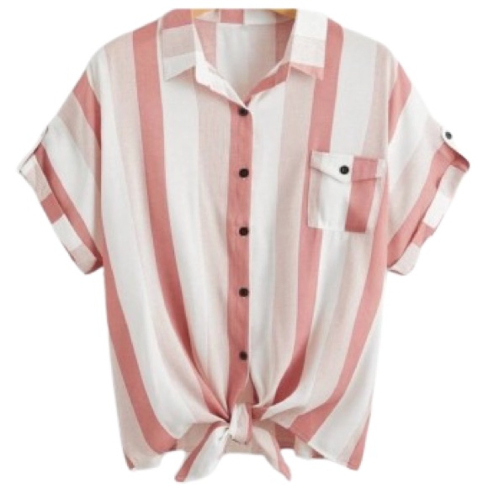 Striped blouse in Pink & White. Tie bottom, V-neck,‎ Cuff Sleeves